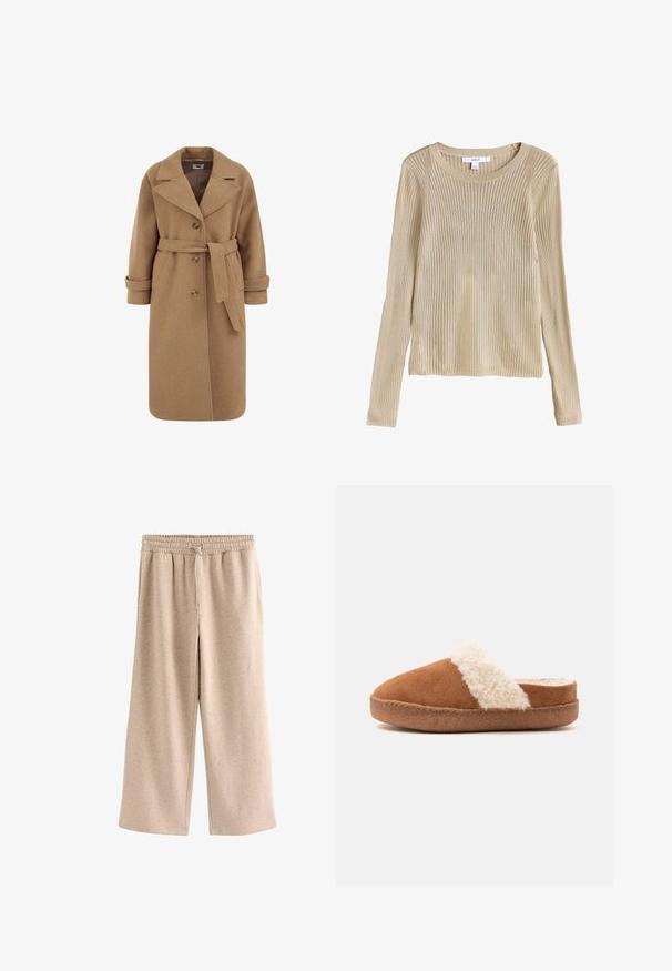 Abrigo de mezcla de lana color camel con diseño de doble botonadura, grandes solapas, puños enrollados y un cinturón a juego en la cintura.; Jersey beige de punto con canalé, manga larga, cuello redondo y corte ajustado, mostrado plano con etiqueta visible en el cuello.; Pantalones beige de pierna ancha con cintura elástica y cordón, hechos de una tela suave y moteada.; Zapatilla marrón sin cordones con suela gruesa y borde blanco y esponjoso, diseñada para comodidad y calidez en interiores.