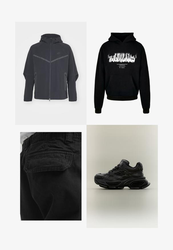 Čierna bunda Nike so zipsom vpredu, kapucňou a uhlovými švami. Má reflexné akcenty a postranné zipsové vrecká. Vyrobená z ľahkého materiálu.; Čierna mikina vyrobená z bavlny, s predným vreckom, rebrovanými manžetami a spodným lemom, s bielym skresleným textovým grafikom na hrudi.; Zadný vrecko na čiernych nohaviciach s klopou a viditeľným šitím, nosené osobou v bielej košeli.; Čierny robustný teniska s textúrovaným dizajnom, hrubou podrážkou a šnurovaním, zobrazená na jednoduchom neutrálnom pozadí.