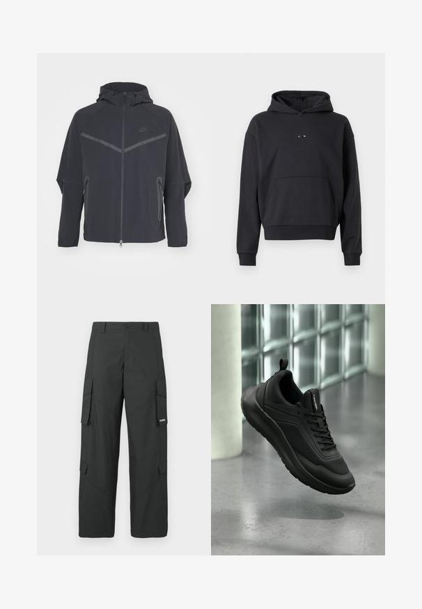 Musta Nike-takki, jossa on vetoketju edessä, huppu ja kulmikkaat saumat. Varustettu heijastavilla yksityiskohdilla ja sivuilla vetoketjulliset taskut. Valmistettu kevyestä kankaasta.; Mustaan puuvillasekoitteesta valmistettu huppari, jossa on kengurupocket, ribbireunat hihoissa ja logo yksityiskohtana rinnassa. Klassinen, rento malli.; Mustat suorat cargo-housut sivuflappitaskuilla, nappikiinnitys, vyölenkit ja pieni valkoinen logo oikeassa taskun flapissa.; Musta Calvin Kleinin verkkokangas- ja tukipaneeleilla varustettu tennari, jossa on nauhat ja vetosilmukka, kelluu kiillotetun betonilattian yläpuolella lähellä lasitiiliä.