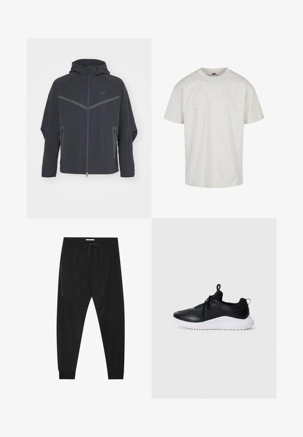 Zwarte Nike-jas met een rits aan de voorkant, capuchon en hoekige naden. Bevat reflecterende accenten en zijzakken met rits. Gemaakt van lichtgewicht stof.; Lichtgrijze katoenen T-shirt met korte mouwen, een ronde hals en een relaxte pasvorm. Geweven stof met een subtiel gemêleerd patroon.; Zwarte sportbroeken van textuurstof, met een verstelbare tailleband, een ritssluiting opzij en tapered boorden.; Zwarte sportieve sneakers met een gladde, gestructureerde bovenkant, vetersluiting en een contrasterende witte, geribbelde zool. Achterste trekband voor gemakkelijke aan- en uittrekken.