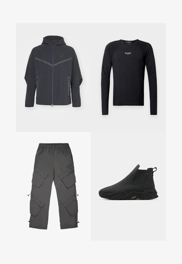 Čierna bunda Nike so zipsom vpredu, kapucňou a uhlovými švami. Má reflexné akcenty a postranné zipsové vrecká. Vyrobená z ľahkého materiálu.; Čierna dlhá športová košeľa s hladkej, ľahkej tkaniny. Má okrúhly výstrih, raglánové rukávy a diskrétny logotyp na hrudi.; Cargo nohavice v tmavosivej tkanine s elastickým pásom, viacerými cargo vreckami, šnúrkami na zaťahovanie a hladkou štruktúrou.; Čierne členkové topánky na slip-on so hladkým povrchom a textúrovanou podrážkou, vybavené pútkom pre jednoduché obúvanie. Viditeľné rozpoznanie značky Vibram na podrážke.
