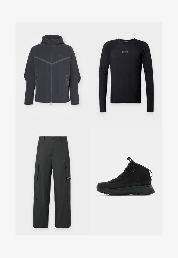 Čierna bunda Nike so zipsom vpredu, kapucňou a uhlovými švami. Má reflexné akcenty a postranné zipsové vrecká. Vyrobená z ľahkého materiálu.; Čierna dlhá športová košeľa s hladkej, ľahkej tkaniny. Má okrúhly výstrih, raglánové rukávy a diskrétny logotyp na hrudi.; Čierne rovné nohavice cargo so bočnými vreckami s chlopňou, zapínaním na gombík, pútkami na opasok a malým bielym logom na chlopni pravého vrecka.; Čierne polovičkové hikingové topánky s textúrovaným textilným vrchom, zosilnenou špičkou, bezpečným systémom šnurovania a polstrovanou podrážkou pre lepšiu trakciu.