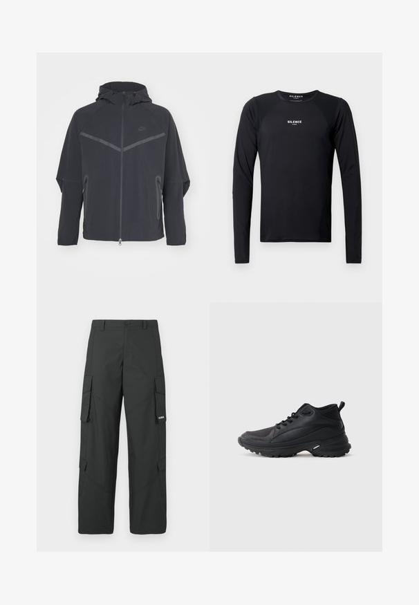 Čierna bunda Nike so zipsom vpredu, kapucňou a uhlovými švami. Má reflexné akcenty a postranné zipsové vrecká. Vyrobená z ľahkého materiálu.; Čierna dlhá športová košeľa s hladkej, ľahkej tkaniny. Má okrúhly výstrih, raglánové rukávy a diskrétny logotyp na hrudi.; Čierne rovné nohavice cargo so bočnými vreckami s chlopňou, zapínaním na gombík, pútkami na opasok a malým bielym logom na chlopni pravého vrecka.; Čierne športové topánky vyrobené zo syntetického materiálu. Majú polstrovaný golier, okrúhlu špičku, pevný podrážku s trakciou a detail loga značky.