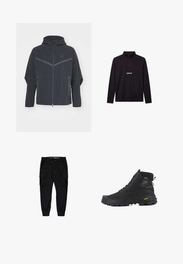 Čierna bunda Nike so zipsom vpredu, kapucňou a uhlovými švami. Má reflexné akcenty a postranné zipsové vrecká. Vyrobená z ľahkého materiálu.; Čierny pulóver Calvin Klein s dlhým rukávom, štvrťovým zipsom a bielym logom vytlačeným na hrudi.; Čierne cargo nohavice vyrobené z ľahkého materiálu, s elastickým pásom, šnúrkou a viacerými bočnými vreckami so zúženými manžetami.; Čierne vysoké topánky s textúrovaným povrchom, vybavené vodoodpudivým dizajnom, so systémom viazania a výraznou gumovou podrážkou s logom Vibram.
