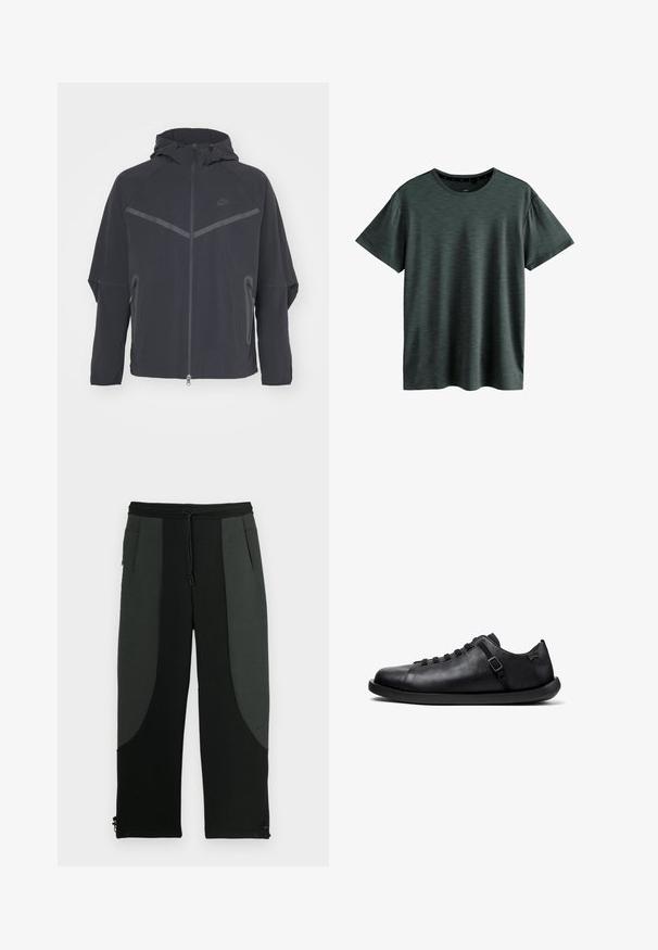 Sort Nike-jakke med lynlås foran, hætte og skrå sømme. Har reflekterende detaljer og sidelommer med lynlås. Fremstillet af letvægtsstof.; Mørkeblå T-shirt lavet af blødt, struktureret stof. Har en klassisk rund hals og korte ærmer med et subtilt mønster. Ingen synlige logoer.; Sorte og mørkegrå joggebukser med elastisk talje og snor, sidelommer, en glat tekstur og kontrasterende paneldesign.; Sort lædersneaker med rundet tå, struktureret finish, snørebånd foran, justerbar remdetalje og flad gummisål.