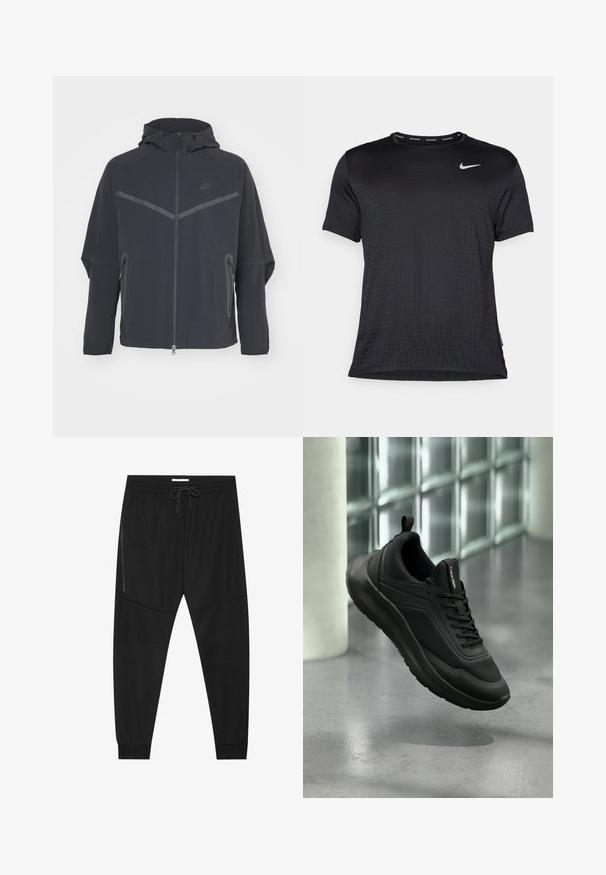 Čierna bunda Nike so zipsom vpredu, kapucňou a uhlovými švami. Má reflexné akcenty a postranné zipsové vrecká. Vyrobená z ľahkého materiálu.; Čierne športové tričko s krátkym rukávom, s okrúhlym výstrihom, priedušnou tkaninou, jemným zvýrazneným vzorom bodiek a malým bielym logom Nike na hrudi.; Čierne športové nohavice z texturovanej tkaniny, so nastaviteľným pásom, bočným vreckom na zips a zúženými manžetami.; Čierna teniska Calvin Klein s panelmi z oka a plného materiálu, šnúrkami a sťahovacou slučkou, vznášajúca sa nad leštenou betónovou podlahou pri sklenených tehličkách.
