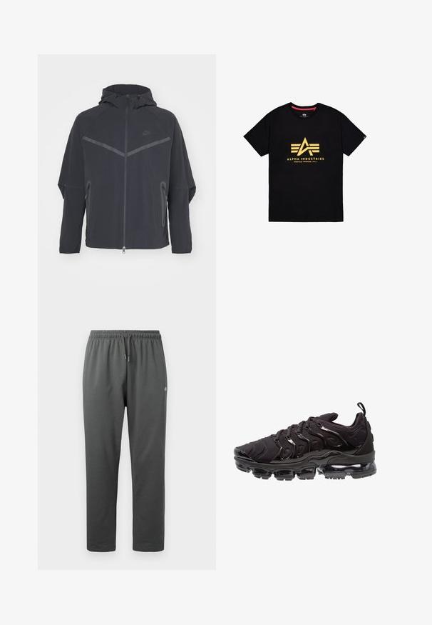 Zwarte Nike-jas met een rits aan de voorkant, capuchon en hoekige naden. Bevat reflecterende accenten en zijzakken met rits. Gemaakt van lichtgewicht stof.; Zwart katoenen T-shirt met een groot geel Alpha Industries-logo in een geometrisch ontwerp en tekst eronder. Klassieke ronde halsstijl.; Donkergrijze fleece joggingbroek met elastische tailleband en trekkoord, voorzien van een klein logo op de rechterdij.; Zwarte sportieve schoenen met een gestructureerde stoffen bovenkant, glanzende accenten en een opvallende luchtkussenzool. Bevat duidelijke golfachtige designelementen.