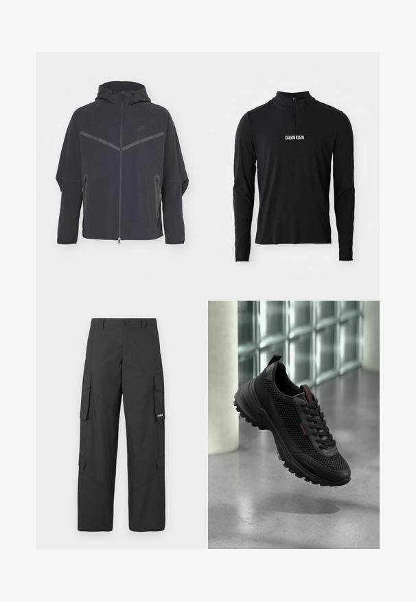 Čierna bunda Nike so zipsom vpredu, kapucňou a uhlovými švami. Má reflexné akcenty a postranné zipsové vrecká. Vyrobená z ľahkého materiálu.; Čierne tričko s dlhým rukávom a vysokým golierom, so štvrtinovým zipsom a bielym logom "CALVIN KLEIN" na prednej strane. Hladká, elastická látka.; Čierne rovné nohavice cargo so bočnými vreckami s chlopňou, zapínaním na gombík, pútkami na opasok a malým bielym logom na chlopni pravého vrecka.; Čierna teniska Calvin Klein s hornou časťou z textílie mesh, vypchávkou na golieri a robustnou podrážkou, zobrazená ako plávajúca nad betónovou podlahou.