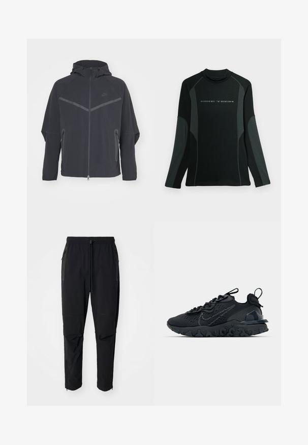 Čierna bunda Nike so zipsom vpredu, kapucňou a uhlovými švami. Má reflexné akcenty a postranné zipsové vrecká. Vyrobená z ľahkého materiálu.; Čierna polokošeľa s dlhým rukávom a vysokým golierom, vyrobená z textúrovaného materiálu. Má sivé bočné panely a logo "NIKE TECH" na hrudi.; Čierne, ľahké vonkajšie nohavice s elastickým pásom a nastaviteľným šnúrkovým uzáverom. Majú zipsové vrecká a zúžené manžety.; Čierna atletická topánka s priedušným sieťovaným zvrškom, textúrovanými akcentmi a vlnovou gumovou podrážkou. Obsahuje reflexné logo a systém šnurovania.