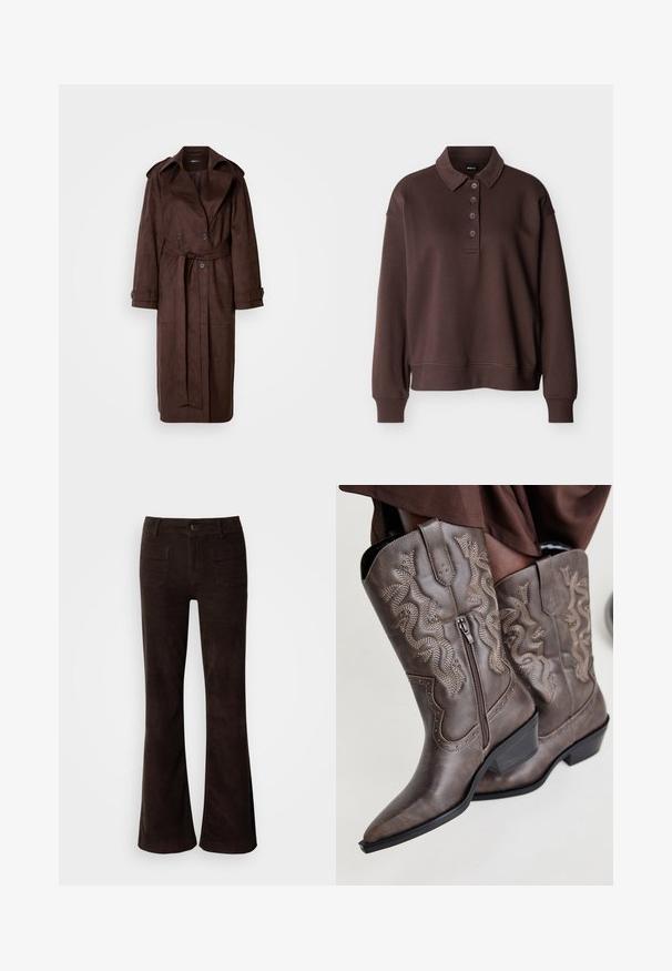 Bruine suède trenchcoat met een dubbele rij knopen aan de voorkant, grote kraag, ceintuur in de taille en zijzakken. Bevat knoopmanchetten en een gladde textuur.; Bruine lange mouwen polo met vier knopen, geribbelde manchetten en een geribbelde zoom tegen een effen witte achtergrond.; Bruine corduroy flarebroek met een hoge taille, sluiting met knopen aan de voorkant en twee achterzakken. Gladde textuur met een iets glanzende afwerking.; Bruine leren cowboylaarzen met een spitse neus, zijrits en een textuur van een slang in beige, met decoratieve studs langs de randen.
