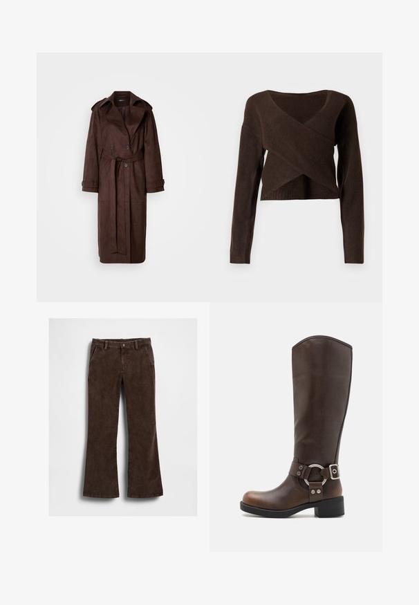 Pruunist nahast trench coat, topelt rinnaosaga, suure kraega, vööga ja küljetaskutega. Omab nööpidega varrukaotsasid ja sileda tekstuuri.; Pruun lühiääreline kampsun, mis on valmistatud pehmest materjalist, millel on sügav V-kaelus, pikad varrukad ja esiosa kattuv disain.; Pruunid korduroost laienevad püksid, millel on sile tekstuur, esimesed taskud ja üksik nööp vöökohal.; Pruun nahkne põlvini saabas, millel on ümmargune metallist aksessuaar ja sääreklamber. Kergelt tekstureeritud ülemine osa, kergelt tõstetud konts ja ümar varvas.