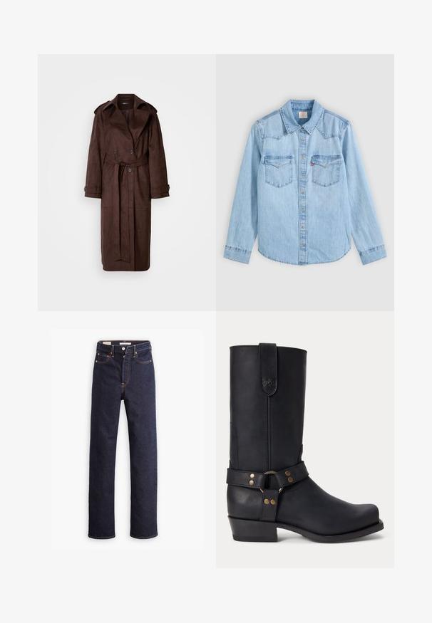 Bruine suède trenchcoat met een dubbele rij knopen aan de voorkant, grote kraag, ceintuur in de taille en zijzakken. Bevat knoopmanchetten en een gladde textuur.; Lichtblauw denim overhemd met lange mouwen, knoopsluiting, twee borstzakken met kleppen en een klassieke puntige kraag op een grijze achtergrond.; Donkerblauwe straight-leg denim jeans met vijf zakken en zichtbare oranje stiksels op een witte achtergrond.; Zwarte leren laars tot halverwege de kuit met lage hak, ronde neus en decoratieve band met metalen klinknagels en ring rond de enkel.