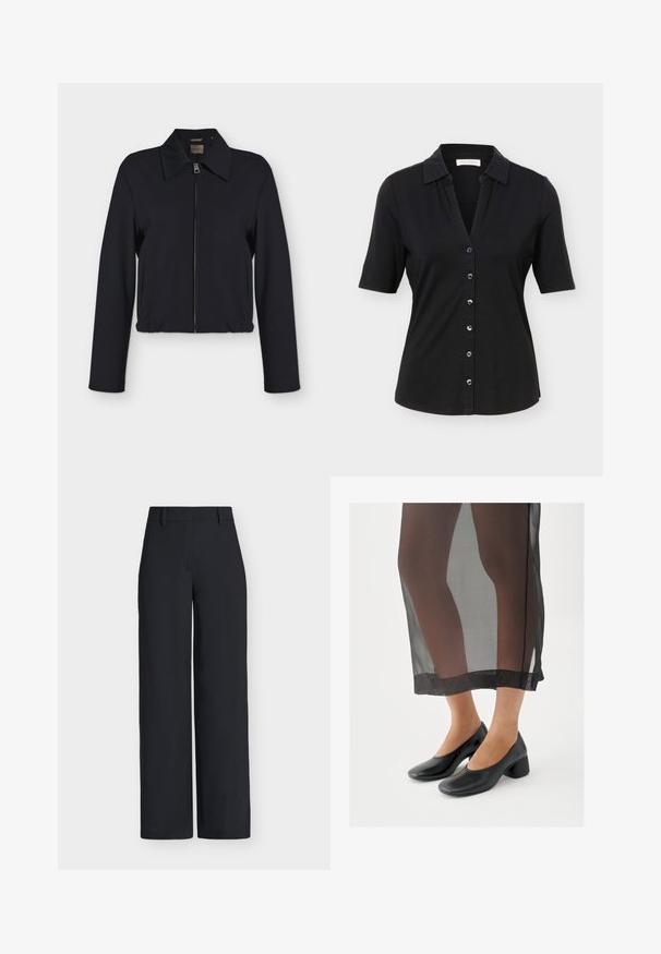 Veste noire à manches longues avec fermeture éclair devant, col, poches latérales et bas élastiqué.; Chemise noire à manches courtes avec col, six boutons sur le devant, et une silhouette légèrement cintrée.; Pantalon noir taille haute à jambes larges, avec passants pour ceinture et fermeture dissimulée à l'avant.; Chaussures noires à talons blocs avec une finition en cuir lisse, portées avec une jupe noire transparente à ourlet net et design minimaliste.
