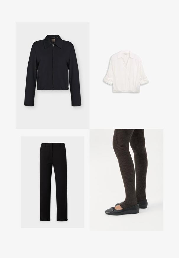 Veste noire à manches longues avec fermeture éclair devant, col, poches latérales et bas élastiqué.; Blouse blanche à manches longues avec col, boutons sur le devant et manches retroussées, présentée sur un fond uni.; Pantalon noir à jambes droites avec passants de ceinture, fermeture éclair à l'avant et une ceinture lisse, présenté sur un fond clair uni.; Jambes portant des leggings côtelés foncés associés à des ballerines noires avec de petits détails en nœud sur fond blanc.