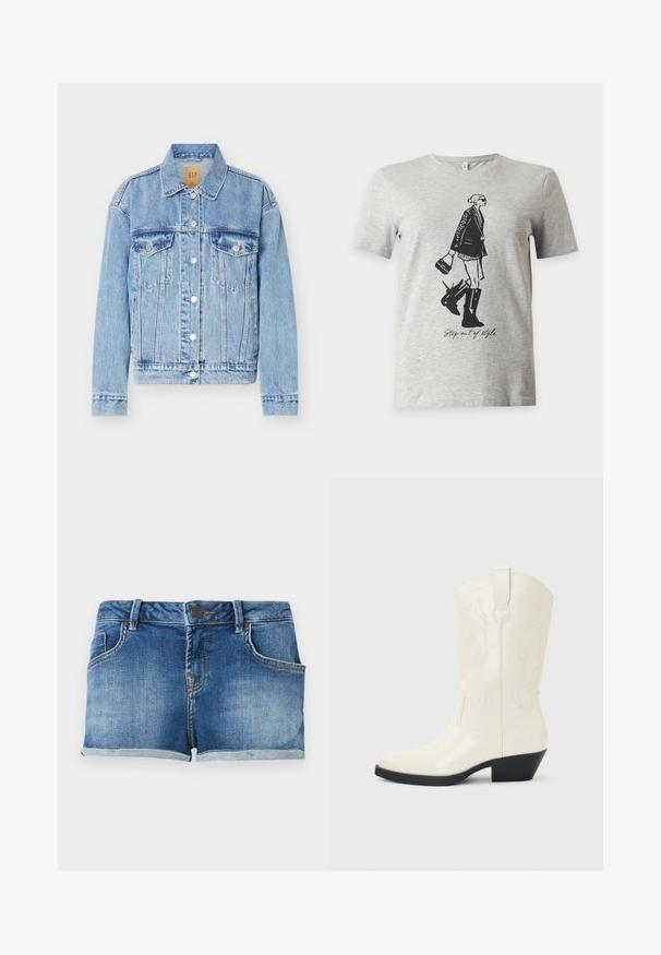 Veste en jean bleu clair avec fermeture à boutons sur le devant, deux poches poitrine à rabat, col classique et manches longues.; T-shirt gris clair à manches courtes avec une illustration noire d'une femme en bottes et veste tenant un sac à main et le texte "Step out of style."; Short en denim bleu avec bouton sur le devant, passants pour ceinture, poches avant et ourlet retroussé sur un fond clair uni.; Botte blanche de style western mi-mollet avec bout pointu, talon empilé noir, coutures décoratives et languette de tirage sur la tige.