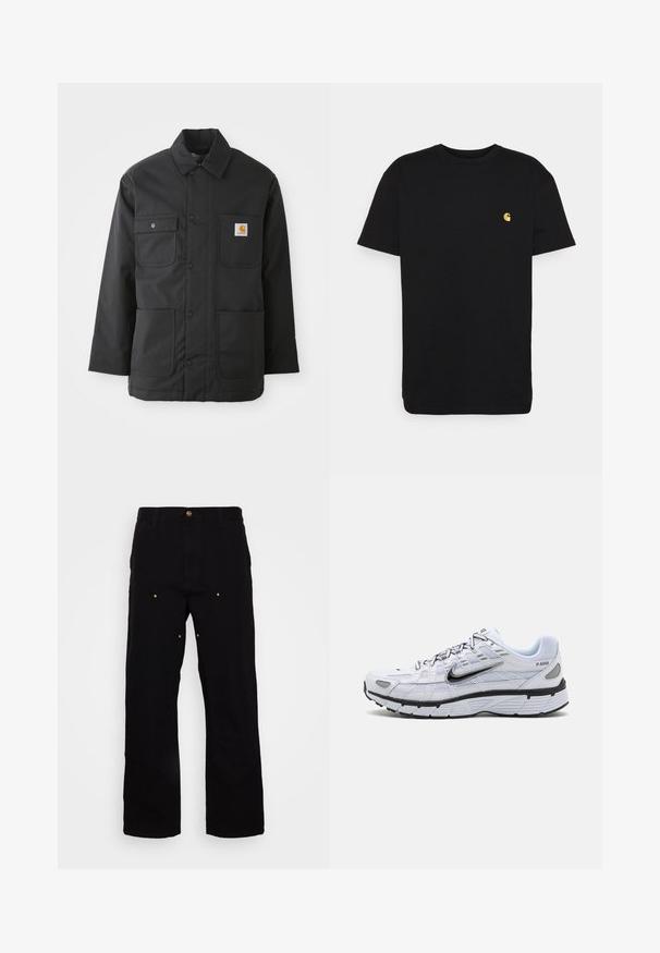 Veste de travail noire en tissu durable, avec un col, fermeture à boutons sur le devant, deux grandes poches et un patch logo sur la poitrine.; T-shirt en coton noir à manches courtes, col rond, avec un petit logo jaune sur la partie gauche de la poitrine. Design simple et coupe régulière.; Pantalons en denim noir avec une coupe droite, présentant des accents en métal doré et des coutures visibles sur les poches avant et arrière.; Baskets de course blanches avec une tige en mesh, bout arrondi, accents noirs et semelle à motif. Comprend des lacets et une marque sur le côté.