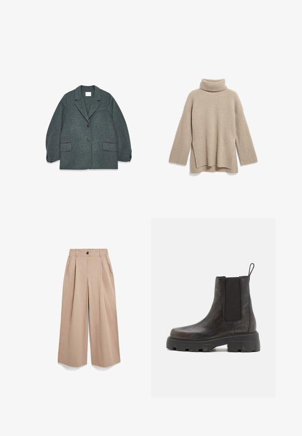 Donkergrijs wollen blazer met een uitsneden kraag, twee voorzakken en twee knopen. Glad textuur met een licht oversized pasvorm.; Beige geribbelde coltrui met een relaxed fit, voorzien van lange mouwen en een zijsplit aan de onderkant, gemaakt van een zachte, textuurrijke breisels.; Beige wijde broek met plooien, zijzakken, lussen voor een riem en een knoopsluiting bij de tailleband, afgebeeld op een witte achtergrond.; Copenhagen Studios CPH194 - Enkellaarsjes met plateauzool - off black