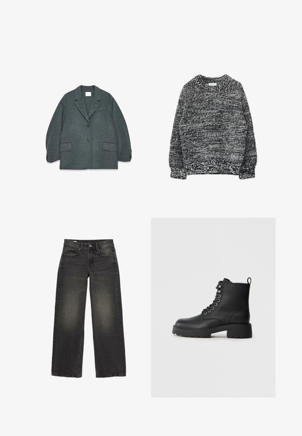 Mørkegrå uldblandingsblazer med notched krave, to frontlommer og to knapper. Glat tekstur med en let oversized pasform.; Sort og hvid strikket sweater med rund halsudskæring, lange ærmer og ribbede manchetter samt et tekstureret mønster over det hele.; Sorte jeans med brede ben og let falmet på lårene, frontknaplukning og fem-lomme design på hvid baggrund.; Sorte læderankelstøvler med rund tå, snøre fortil og en kraftig, rillede sål. Har en træksløjfe bagpå.