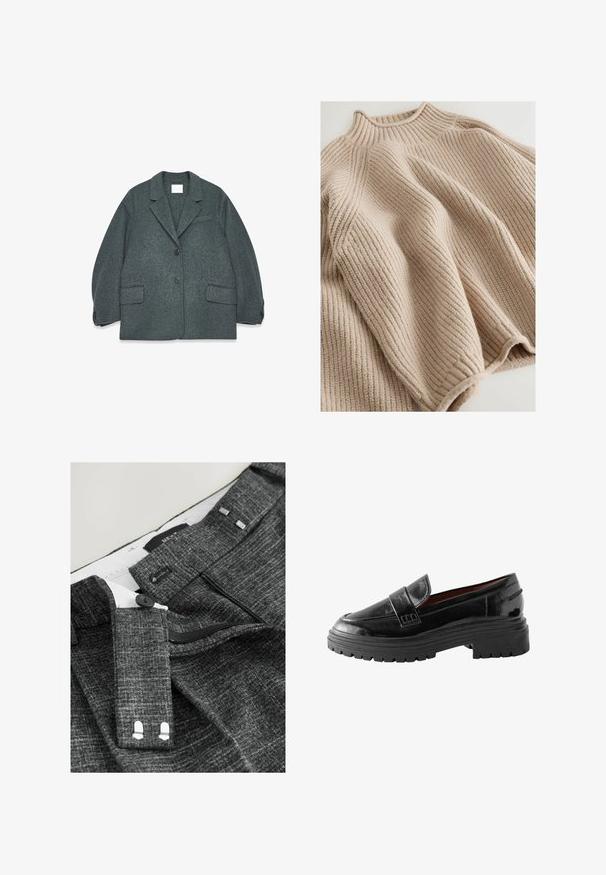 Mørkegrå uldblandingsblazer med notched krave, to frontlommer og to knapper. Glat tekstur med en let oversized pasform.; Strikket sweater i lys beige med en ribbestrikket tekstur, udstyret med en høj krave og en bred, afslappet silhuet. Markeret med en struktureret syning.; Grå teksturerede bukser har en knaplukning, lynlås og stofbæltestropper, med en hvid indvendig foring og markante stikninger.; Sorte patenterede læderloafers med en kraftig gummisål, der har en rund tå og et syet, hævet bånd tværs over vristen.