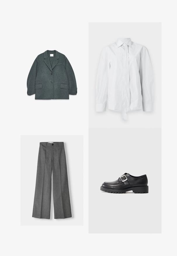 Donkergrijs wollen blazer met een uitsneden kraag, twee voorzakken en twee knopen. Glad textuur met een licht oversized pasvorm.; Wit, lang mouwshirt met een klassieke kraag en een verlengde voorknoop. Gemaakt van een gladde stof, met een ontspannen pasvorm en zonder patronen.; Grijze wijde broek met een streepjespatroon, voorzien van een knoopsluiting en twee voorkleppen. Gemaakt van gestructureerde stof.; Zwarte leren schoenen met een ronde neus, voorzien van een zijbuckle en een dikke, robuuste zool. Glad textuur met minimale stiksels.