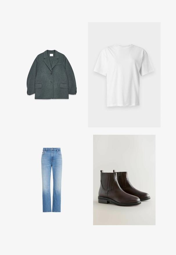 Dunkelgrauer Wollmisch-Blazer mit Reverskragen, zwei vorderen Taschen und zwei Knöpfen. Glatte Textur mit einem leicht übergroßen Schnitt.; Schlichtes weißes Kurzarm-T-Shirt mit Rundhalsausschnitt, flach auf einem hellgrauen Hintergrund dargestellt.; Hellblaue Denim-Jeans mit hoher Taille, geradem Bein, Vordertaschen, Gürtelschlaufen, Knopf- und Reißverschluss.; Braune Lederstiefeletten mit elastischen Seiteneinsätzen und einem seitlichen Reißverschluss, mit einem niedrigen Absatz und glatter Textur.