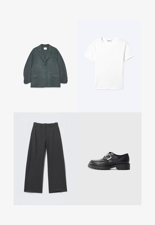 Mørkegrå uldblandingsblazer med notched krave, to frontlommer og to knapper. Glat tekstur med en let oversized pasform.; Ensfarvet hvid t-shirt med korte ærmer og rund halsudskæring med en lille "WEEKDAY" label indeni halskanten, vist fladt på en lys baggrund.; Mørkegrå bukser med vide ben og subtile lodrette striber, bæltestropper, sidelommer og lynlåslukning foran.; Sorte lædersko med en rund tå, der har en sidebuckle-detalje og en tyk, robust sål. Glat tekstur med minimal syning.