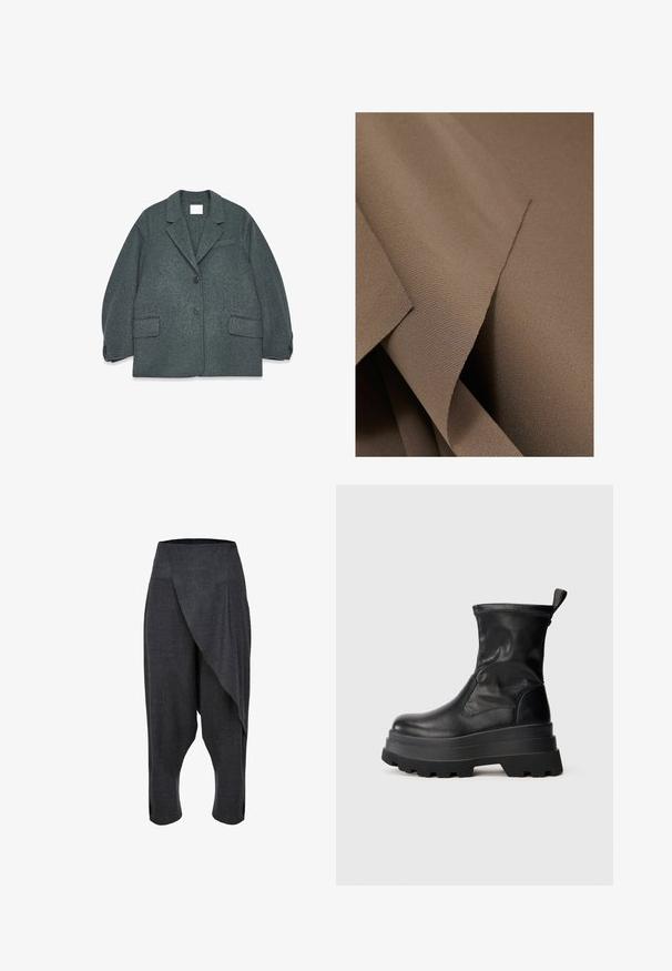 Donkergrijs wollen blazer met een uitsneden kraag, twee voorzakken en twee knopen. Glad textuur met een licht oversized pasvorm.; Reiss REGULAR FIT - ONE SHOULDER DRAPED - Top - mink; Donkergrijze, lichtgewicht stoffen broek met een asymmetrisch gedrapeerd ontwerp, verkorte lengte en zijsplitten voor comfort en beweging.; Zwarte leren enkellaars met een stevige, gestructureerde rubberen zool, elastische zijpanelen en een lus aan de achterkant voor gemakkelijk aan- en uittrekken.