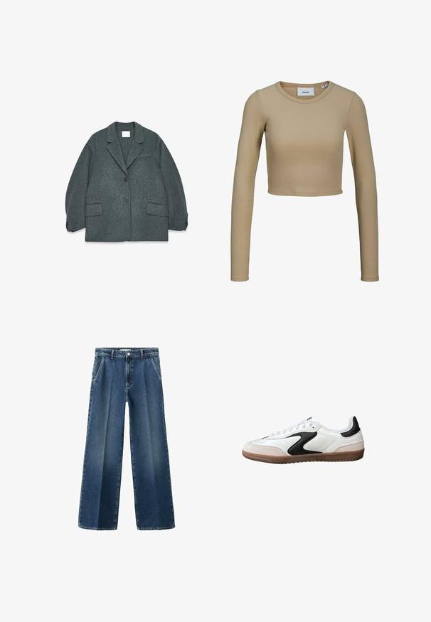 Mørkegrå uldblandingsblazer med notched krave, to frontlommer og to knapper. Glat tekstur med en let oversized pasform.; Beige cropped langærmet top i ribbet stof med rund halsudskæring. Har en tætsiddende pasform og blød tekstur, velegnet til lag-på-lag eller som selvstændig beklædning.; Bredbenede blå denimjeans med høj talje, der har forlommer, knaplukning og et let falmet mønster på stoffet.; Hvide lædersneakers med sorte accenter, suedesnude og gummisål. Har rundet design og klassisk snørelukning.