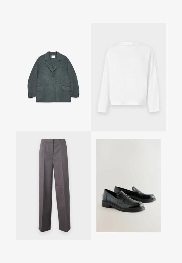 Donkergrijs wollen blazer met een uitsneden kraag, twee voorzakken en twee knopen. Glad textuur met een licht oversized pasvorm.; Gina Tricot Longsleeve - white; Grijze, op maat gemaakte broeken van textuurstof, met een rechte pijp, een vlakke voorkant en riemlussen.; Zwarte leren instappers met een gladde afwerking, verhoogde stikseldetails en een lage, vierkante hak. De zijaccenten zijn minimaal en slank.