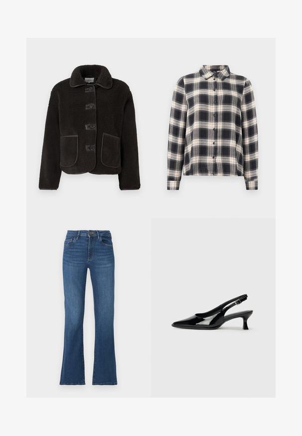 Veste en polaire noire avec un col rond, cinq boutons à l'avant et deux grandes poches à rabat ; bords supplémentaires en un matériau contrasté.; Chemise à manches longues à carreaux dans des teintes marine, blanche et beige. Dotée d'un col standard, d'une fermeture à boutons sur le devant et d'un tissu doux avec un motif à carreaux.; Jeans en denim bleu évasés avec une taille haute, cinq poches et des coutures contrastées. Comprend une fermeture à bouton et à glissière, texture légèrement déchirée.; Escarpins en cuir verni noir avec un bout pointu et un petit talon carré. Sangle réglable à la cheville avec boucle.