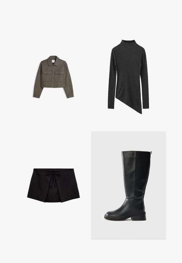 Afskåret, olivengrøn uldjakke med krave, frontlynlås og to brystlommer med trykknaplukning. Glat tekstur og skræddersyet pasform.; Mørkegrå ribstrikket rullekrave-sweater med lange ærmer og en asymmetrisk kant, der har en tekstureret stof over det hele.; Sort mini nederdel i omslagsstil med frontfælde detaljer og en lille bundet sløjfe ved taljen.; Sort læderknæhøj støvle med rund tå, blokhelt, minimalt syninger og en træksløjfe bagpå. Glat tekstur, strømlinet design.