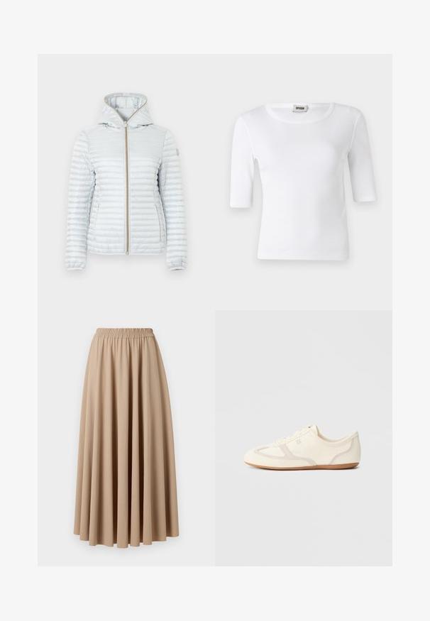Veste matelassée gris clair à capuche avec fermeture éclair frontale et deux poches latérales, conçue pour temps froid.; T-shirt blanc à côtes avec un col rond et des manches mi-longues. Fabriqué en matériau doux avec une texture lisse. Étiquette visible au niveau du col.; Jupe maxi beige avec une taille élastique, fabriquée dans un tissu doux avec un design fluide et plissé. Texture lisse, couleur unie.; Baskets couleur crème avec une tige en daim et tissu, un bout arrondi, et une semelle en caoutchouc avec un détail accent beige. Fermeture à lacets.