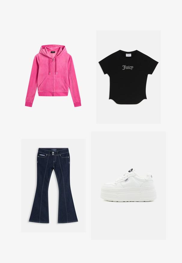 Roze fluwelen zip-up hoodie met een trekkoordcapuchon, zijzakken, geribbelde manchetten en een klein geborduurd logo op de linkerborst.; Zwarte T-shirt met korte mouwen en een ronde onderkant, voorzien van raglanmouwen. Kenmerkt zich door versierde "Juicy"-tekst in strass-steentjes op de voorkant.; Donkerblauwe wijde jeans met witte stiksels, voorzakken, riemlussen en twee zilveren knopen aan de tailleband.; Witte platform sneakers met een glad synthetisch buitenkant, ronde neus, gewatteerde kraag en textuurzool. Bevat een contrasterend logo label.