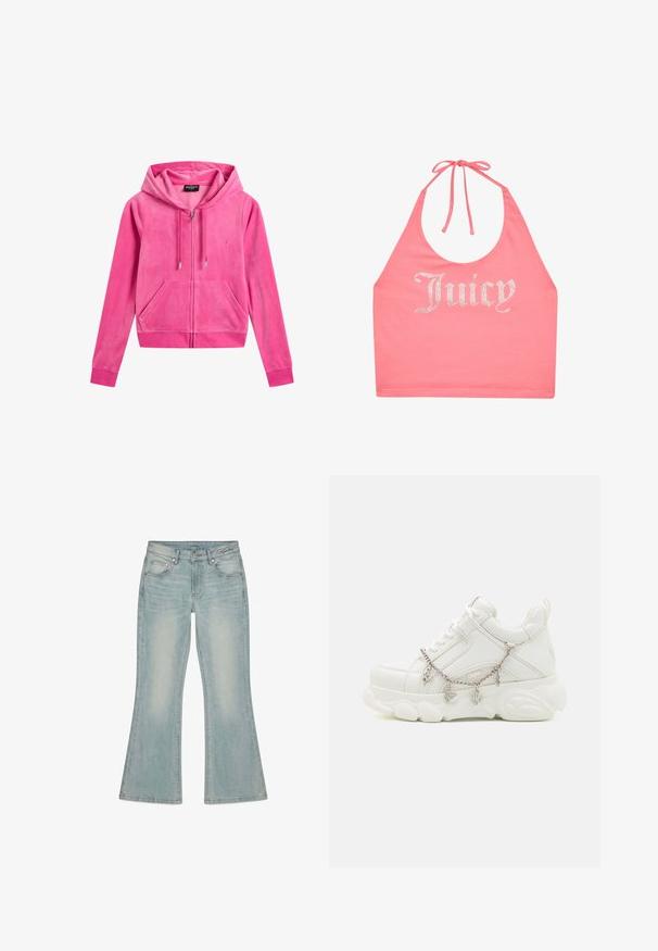 Roze fluwelen zip-up hoodie met een trekkoordcapuchon, zijzakken, geribbelde manchetten en een klein geborduurd logo op de linkerborst.; Roze haltertop met strik in de nek en strassletters die "Juicy" aan de voorkant spellen.; Lichtblauwe spijkerbroek met lichte wijdte, voorzakken, riemlussen en een knoopsluiting, plat gelegd op een witte achtergrond.; Witte sneakers met een dikke zool, een gestructureerde leren bovenkant en een decoratieve metalen ketting met bedels. Voorzien van vetersluiting en een gevoerd kraagje.