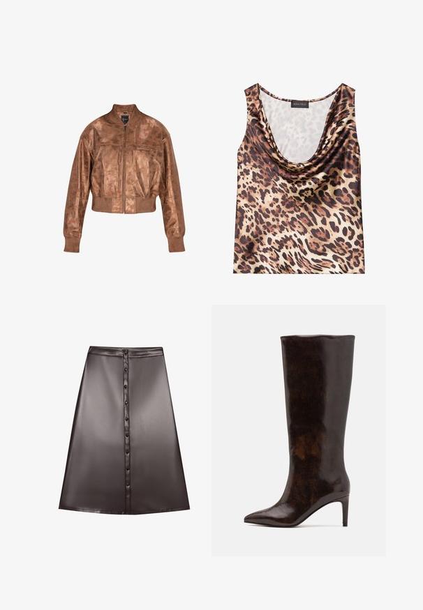 Veste bomber en cuir marron avec un design court, des poignets côtelés et une fermeture éclair sur le devant. Présente une texture lisse et un éclat subtil.; Haut sans manches à imprimé léopard, col drapé, texture soyeuse, palette de couleurs brune et beige, avec de grosses taches noires et fini lisse.; Jupe A-line en simili cuir marron avec une texture lisse, dotée d'une fermeture à boutons à l'avant et d'un ourlet qui tombe au-dessus du genou.; Call it Spring RHODDE - Bottes - medium brown