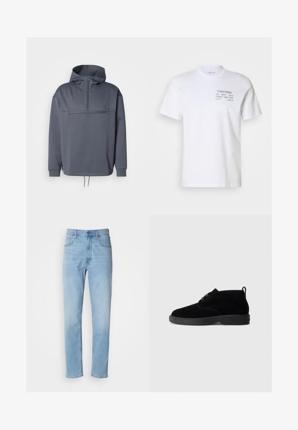 Grauer Hoodie mit hohem Kragen, halber Reißverschluss, Fronttasche und Kordelzug am Saum. Verfügt über ein dezentes Logo auf der oberen linken Brust.; Weißes Baumwoll-T-Shirt mit kurzen Ärmeln, Rundhalsausschnitt und aufgedrucktem Text: "Calvin Klein 205 WEST 39TH STREET NEW YORK CITY 10018."; Hellblaue Jeans mit geradem Schnitt, fünf Taschen und Gürtelschlaufen. Der Stoff hat eine glatte Textur mit einem leichten Verblassungseffekt.; Schwarze Wildleder-Stiefeletten mit runder Zehenpartie, Schnürdesign, schwarzem Gummisohle und einem Zugband an der Rückseite für einfaches An- und Ausziehen.