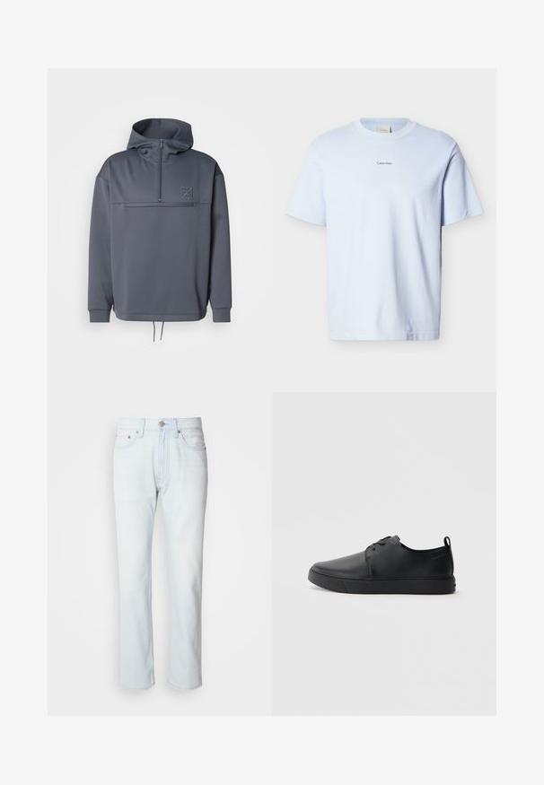 Grauer Hoodie mit hohem Kragen, halber Reißverschluss, Fronttasche und Kordelzug am Saum. Verfügt über ein dezentes Logo auf der oberen linken Brust.; Hellblaues Baumwoll-T-Shirt mit rundem Ausschnitt und kurzen Ärmeln, versehen mit einem kleinen schwarzen "Calvin Klein"-Logo auf der Brust.; Hellblaue Jeans mit geradem Bein. Verfügt über einen Knopfverschluss und Gürtelschlaufen, präsentiert eine ausgebleichte Textur und minimale Nähte.; Schwarze Leder-Sneaker mit glatter Oberfläche, abgerundeter Zehenpartie, gleichfarbiger Nähte, schnürbarem Vorderteil und flacher Gummisohle. Schlaufe an der Ferse.