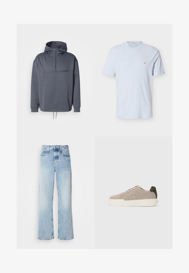 Grauer Hoodie mit hohem Kragen, halber Reißverschluss, Fronttasche und Kordelzug am Saum. Verfügt über ein dezentes Logo auf der oberen linken Brust.; Hellblaues, kurzärmeliges Waffelstrick-T-Shirt mit Rundhalsausschnitt und kleinem rotem "CK"-Logo-Patch auf der linken Brust.; Helle blaue weite Jeans mit hoher Taille, in verwaschenem Finish, mit Gürtelschlaufen und klassischem Fünf-Taschen-Design. Der Saum ist ungesäumt.; Beige Wildledersneaker mit einer weißen Gummisohle, die einen dunkelgrünen Akzent an der Ferse und dezente Markenaufschrift an der Seite aufweisen.