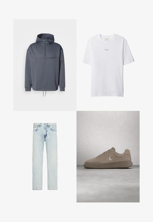 Grauer Hoodie mit hohem Kragen, halber Reißverschluss, Fronttasche und Kordelzug am Saum. Verfügt über ein dezentes Logo auf der oberen linken Brust.; Weißes Baumwoll-T-Shirt mit Rundhalsausschnitt und kurzen Ärmeln. Auf der Brust zentriert befindet sich ein kleines schwarzes "Calvin Klein"-Logo.; Hellblaue High-Rise-Jeans mit geradem Bein, subtilen Verwaschungen und einem vorderen Knopf- und Reißverschluss.; Beiger Veloursledersneaker mit Schnürsenkeln und "ck"-Logo, schwebend über einem polierten Betonboden vor einer Wand aus Glasklötzen dargestellt.