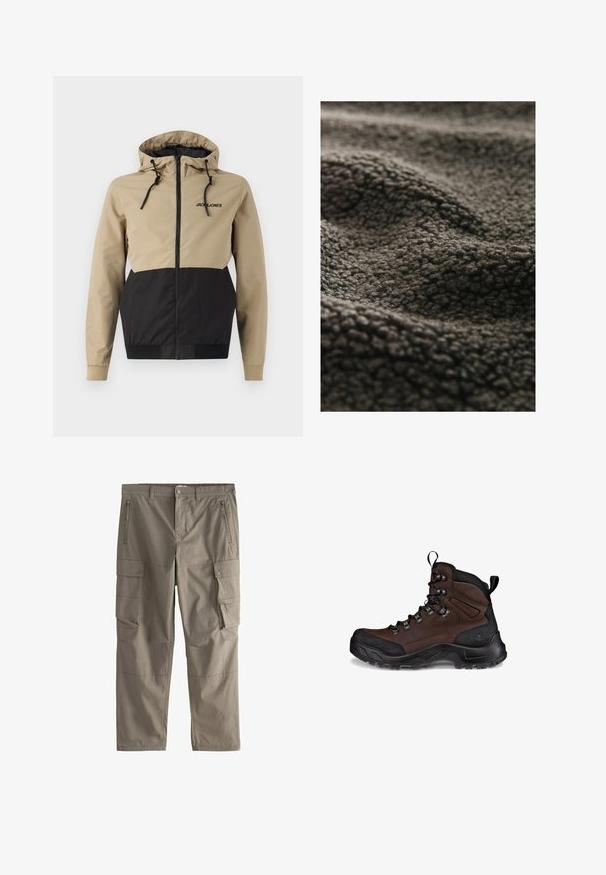 Chaqueta con capucha que presenta un panel superior beige y paneles inferiores negros, fabricada con un material suave, con cuerdas ajustables y una cremallera frontal.; Tejido de color gris oscuro con una superficie suave y aterciopelada, que presenta un patrón ondulado y una apariencia esponjosa, adecuado para proporcionar calidez y comodidad.; Pantalones cargo color caqui con trabillas para cinturón, bolsillos frontales con cremallera, bolsillos laterales con cierre de botón a presión y diseño de pierna recta.; Bota de senderismo marrón con un upper de cuero texturizado, capuchón de goma negro en la puntera, ojetes reforzados y una suela resistente para tracción.