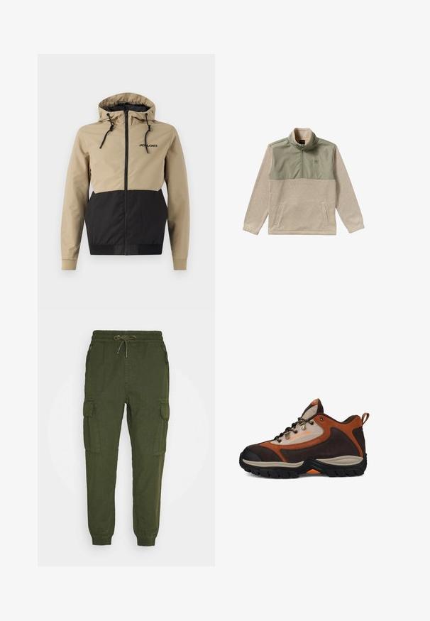 Hooded jacket met een beige bovenkant en zwarte onderpanelen, gemaakt van glad materiaal met trekkoordjes en een rits aan de voorkant.; Fleece pullover in beige en olijfgroen, met een half-zip ontwerp, hoge kraag en twee zijzakken. Glad oppervlak op het bovenste paneel.; Olijfgroene cargobroek met een elastische tailleband, trekkoord, zijzakken en taps toelopende boorden. Gemaakt van een gestructureerde stof voor extra comfort.; Bruin en beige wandelschoen met zwarte zool, metalen oogjes, een trekband bij de hak en "DC SHOE CO USA"-branding op de zijkant.