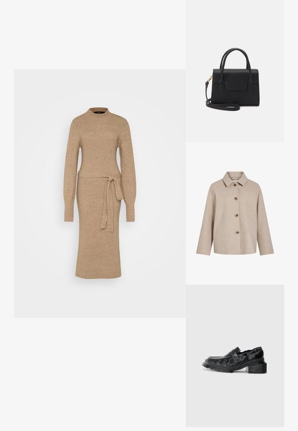 Beige uldblandingsjakke med krave, fem brune knapper, sidelommer og en boksformet silhuet. Blød tekstur og minimalistisk design.; Strikkjole i beige med høj krave, lange ærmer og bælte i taljen. Har en ribbet tekstur hele vejen rundt. Mellemlang design.; Sorte læderloafers med en struktureret sål, der har en let forhøjet blokhæl og en tekstureret overdel, sikret med en frontrem.; Sort struktureret håndtaske lavet af læder med et topgreb, aftagelig skulderrem og detalje med frontklap. Guldhardware accenter.