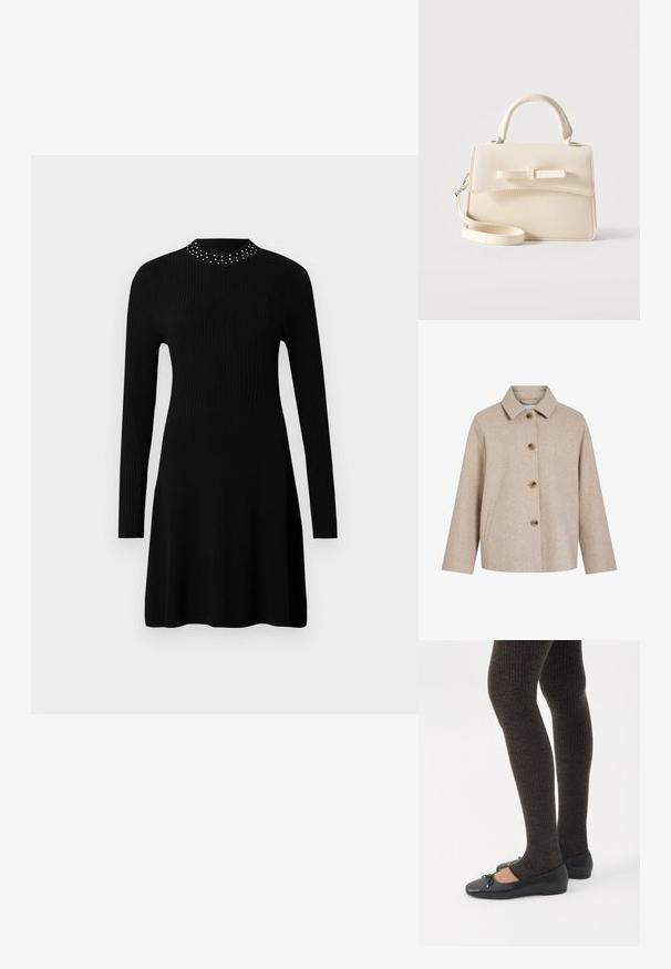 Beige uldblandingsjakke med krave, fem brune knapper, sidelommer og en boksformet silhuet. Blød tekstur og minimalistisk design.; Sort langærmet strikkjole med ribbet overdel og sølvfarvede nitter omkring den høje halsudskæring.; Ben iført mørke ribbede leggings kombineret med sorte balletsko med små sløjfedetaljer på hvid baggrund.; Lille beige håndtaske med top-håndtag, aftagelig rem, forreste klap og dekorativ vandret sløjfe på en ensfarvet baggrund.