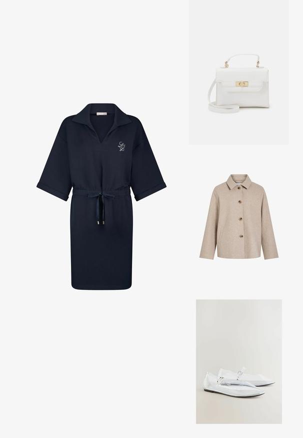 Chaqueta de mezcla de lana beige con cuello tipo solapa, cinco botones marrones, bolsillos laterales y silueta cuadrada. Textura suave y diseño minimalista.; Vestido azul marino hasta la rodilla con cuello, mangas hasta el codo, cintura con cordón ajustable y pequeño logo bordado en el lado izquierdo del pecho.; Bailarinas de plástico transparente con punteras afiladas, acentos plateados y una correa con hebilla. Textura suave y diseño elegante. Ajuste regulable.; Call it Spring BULLETPROOFF - Bolso de mano - white synthetic smooth