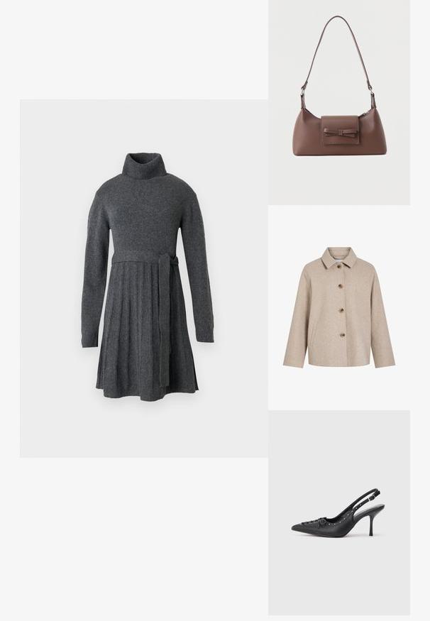 Chaqueta de mezcla de lana beige con cuello tipo solapa, cinco botones marrones, bolsillos laterales y silueta cuadrada. Textura suave y diseño minimalista.; Vestido de punto gris que presenta un alto cuello de tortuga, mangas largas, una cintura acentuada con un lazo de cinturón y detalles de falda plisada.; Sandal de tacón stiletto negro de cuero con punta afilada, correa lateral con hebilla, tachuelas a lo largo del borde y cordones decorativos en la parte delantera.; Bolso bandolera de cuero marrón con un bolsillo frontal de solapa que presenta un detalle de moño cosido y una correa ajustable.
