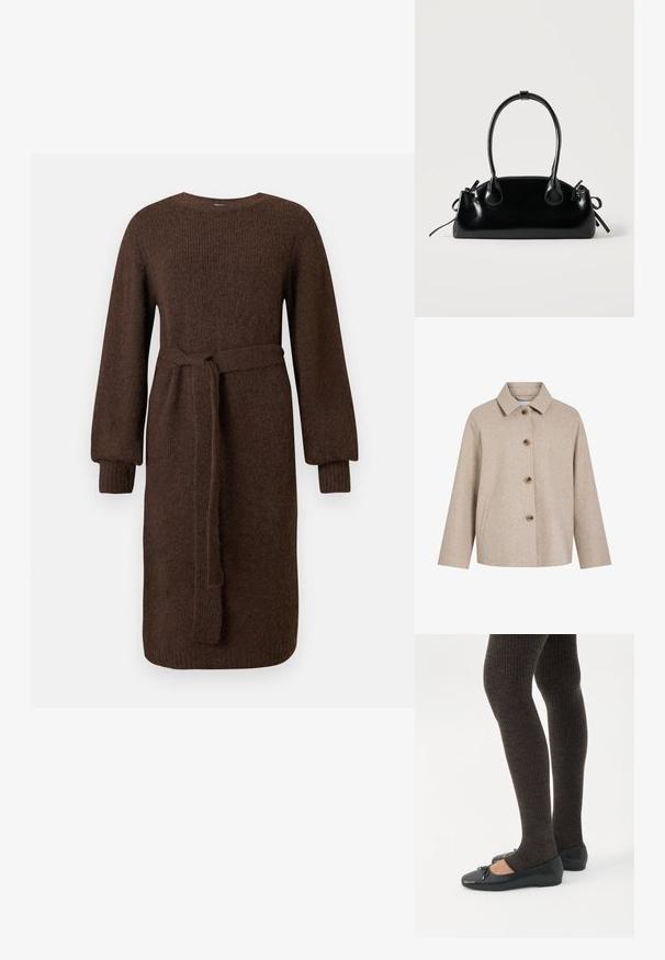 Beige uldblandingsjakke med krave, fem brune knapper, sidelommer og en boksformet silhuet. Blød tekstur og minimalistisk design.; Langærmet brun strikkjole med ribbede manchetter og aftageligt livbånd, knælang, enkel rund halsudskæring.; Ben iført mørke ribbede leggings kombineret med sorte balletsko med små sløjfedetaljer på hvid baggrund.; Lille sort blank håndtaske med to lange håndtag og snøre-detaljer i siden på en ensfarvet lys baggrund.