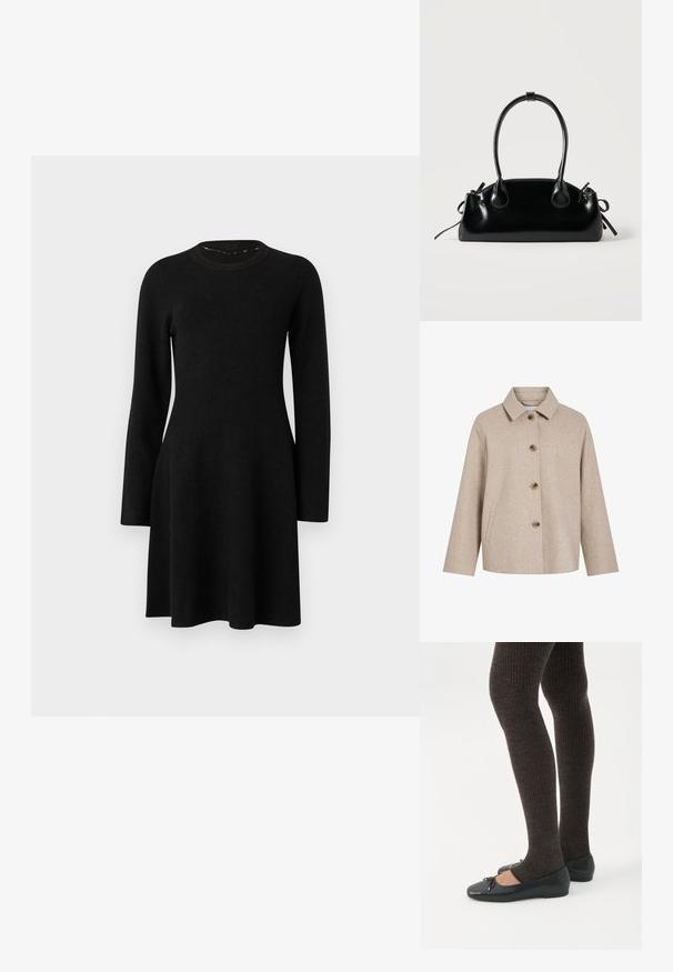 Chaqueta de mezcla de lana beige con cuello tipo solapa, cinco botones marrones, bolsillos laterales y silueta cuadrada. Textura suave y diseño minimalista.; Vestido negro de manga larga hecho de una tela suave. Presenta un cuello redondo, un cuerpo ajustado y una falda acampanada, con una textura lisa. Sin patrones ni acentos.; Piernas con leggings oscuros acanalados combinados con bailarinas negras que presentan pequeños detalles de lazo sobre un fondo blanco.; Pequeño bolso negro brillante con dos asas largas y detalles de cordón lateral sobre un fondo claro liso.
