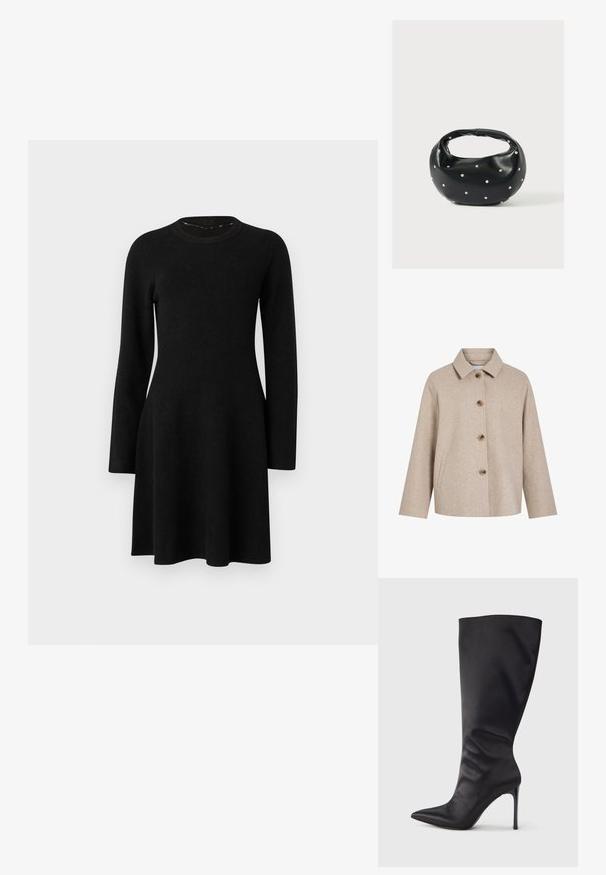 Beige uldblandingsjakke med krave, fem brune knapper, sidelommer og en boksformet silhuet. Blød tekstur og minimalistisk design.; Sort langærmet kjole lavet af blødt stof. Har en rund halsudskæring, tætsiddende overdel og flagrende skirt, med en glat tekstur. Ingen mønstre eller accenter.; Sort knæhøj stiletstøvle lavet af glat, glansfuldt materiale; spids tå; tætsiddende pasform med let samling nær anklen; skinnende hæl.; Sort læderhåndtaske med en rundet form, dekoreret med sølvnitter, og et kort håndtag. Glat tekstur og lynlåslukning.
