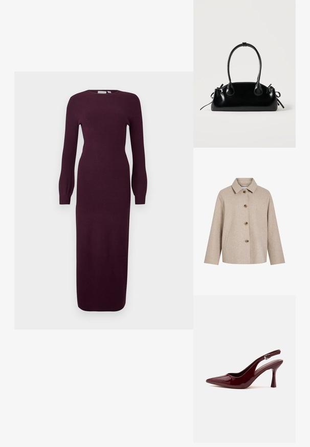 Beige uldblandingsjakke med krave, fem brune knapper, sidelommer og en boksformet silhuet. Blød tekstur og minimalistisk design.; Bordeaux langærmet strikkjole med en tætsiddende silhuet, rund halsudskæring og ribbet tekstur; knælang med let udvidede ærmer.; Skinnende mørkerød spids tå slingback højhælet sko med en tynd justerbar rem og spids stilethæl på hvid baggrund.; Lille sort blank håndtaske med to lange håndtag og snøre-detaljer i siden på en ensfarvet lys baggrund.