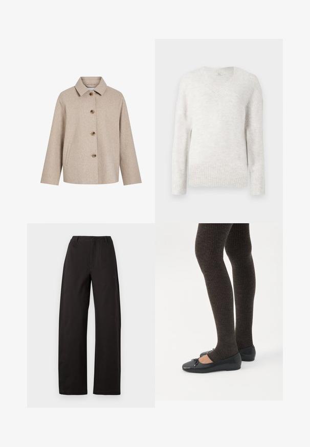Beige uldblandingsjakke med krave, fem brune knapper, sidelommer og en boksformet silhuet. Blød tekstur og minimalistisk design.; Lys grå v-hals sweater i blødt, tekstureret stof. Har ribbekantede ærmer og kant, med en afslappet pasform og lange ærmer.; Sorte vidde bukser med høj talje, lige snit og glat tekstur. Ingen synlige mønstre eller hardware detaljer.; Ben iført mørke ribbede leggings kombineret med sorte balletsko med små sløjfedetaljer på hvid baggrund.